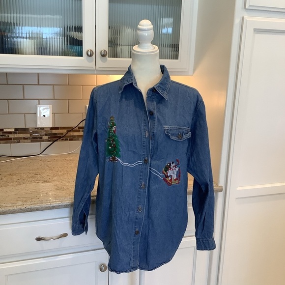 Christmas Denim Shirt Embroidery *Nutcracker Brand Size Small Snowman Tree - Picture 1 of 9